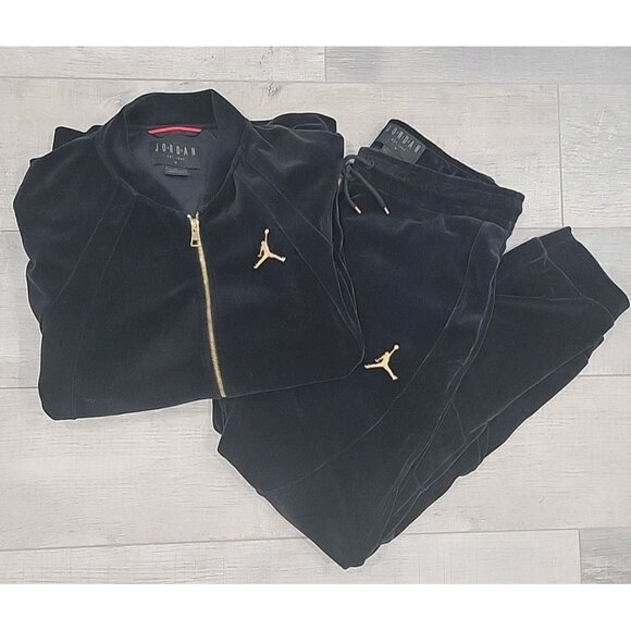 Jordan Track Suit Mens Medium Black Gold Jumpman Velour Zip Up Jacket Pants Set - Picture 1 of 12